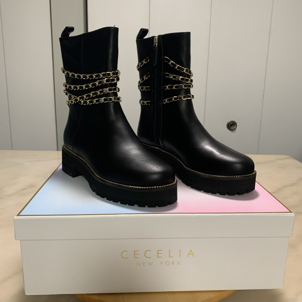 Cecelia New York Misunderstood Boots Black Leather Gold Chain Bootie 9M NIB NWT